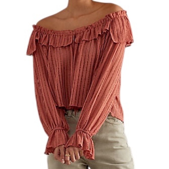 LN Anthropologie Long-Sleeve Sheer Striped Off Shoulder Cropped Top in Rose - S - Picture 3 of 16